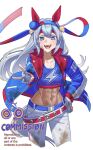  1girl abs animal_ears belt blue_eyes blue_hairband blue_jacket blue_sports_bra breasts collarbone commission crop_top cropped_legs dirty dirty_clothes ear_covers fingerless_gloves gloves grey_hair grey_tail hairband hand_on_own_hip headband highres horse_ears horse_girl horse_tail jacket lightning_bolt_print lightning_bolt_symbol long_hair looking_at_viewer midriff multicolored_hairband navel nillith open_clothes open_jacket open_mouth outstretched_arm pants pointing red_belt red_hairband red_headband simple_background small_breasts smile solo sports_bra sweat tail tamamo_cross_(fast_as_lightning)_(umamusume) tamamo_cross_(umamusume) toned toned_female two-tone_hairband umamusume v watermark white_background white_gloves white_pants 