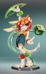  1girl absurdres anklet basset_hound black_jumpsuit black_nose chinese_knot commentary cube digitigrade dog_girl dog_tail english_commentary freedom_planet freedom_planet_2 furry furry_female goshaag green_eyes highres jewelry jumpsuit long_animal_ears milla_basset orange_hair romper short_hair sleeveless_jumpsuit tail white_fur 