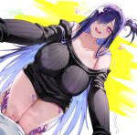  1girl all_fours artist_name baige0 bandaid bandaid_on_leg bare_shoulders black_sweater breasts brown_dust_(series) brown_dust_2 collarbone commentary_request hair_ornament hair_over_one_eye heart large_breasts long_hair looking_at_viewer multicolored_hair off-shoulder_sweater off_shoulder one_side_up open_mouth palette_(brown_dust) purple_eyes purple_hair solo sweater thighs trembling very_long_hair 