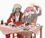  1boy 1girl black_eyes blonde_hair blue_hair blue_socks blush_stickers braid breasts brother_and_sister cellphone chair colored_tips commentary dark-skinned_male dark_skin drink flip_phone food fork gatan666 gouenji_shuuya gouenji_yuuka grey_jacket hand_up highres ice_cream inazuma_eleven_(series) inazuma_eleven_go jacket jewelry long_hair multicolored_hair necklace necktie open_clothes open_jacket pants phone pink_hair pink_necktie red_jacket red_pants selfie shirt siblings sitting skirt small_breasts smile socks spoon sweets table tan thumbs_up twin_braids v white_background white_shirt 