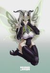  1girl absurdres antennae arthropod_girl bare_hips black_sclera blame_4407 breasts carapace colored_sclera colored_skin fang green_eyes green_hair hair_between_eyes highres indie_virtual_youtuber insect_wings juniper_actias juniper_actias_(snoth) large_breasts leotard long_hair looking_at_viewer monster_girl moth_antennae moth_girl moth_wings multicolored_hair skin_fang solo streaked_hair thighs virtual_youtuber white_hair white_skin wings 