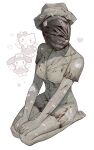  1girl absurdres barefoot blood blood_on_clothes bracelet breasts bubble_head_nurse cleavage dress full_body hat hello_kitty_(character) highres jewelry k_hottok large_breasts my_melody nurse nurse_cap sanrio seiza silent_hill_(series) silent_hill_2 simple_background sitting solo torn_clothes white_background 