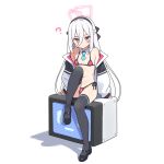  1girl ? alternate_costume aqua_necktie bare_shoulders bikini black_shoes black_thighhighs blue_archive breasts chinese_commentary closed_mouth commentary_request detached_collar dot_mouth full_body hair_between_eyes halo hatsunatsu jacket kei_(blue_archive) knee_up long_hair looking_at_viewer mary_janes micro_bikini mixed-language_commentary navel necktie on_television open_clothes open_jacket pink_bikini pink_eyes pink_halo shoes short_necktie simple_background sitting small_breasts solo stomach swimsuit television thighhighs very_long_hair white_background white_hair white_jacket 