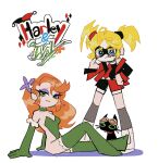  2girls akanbe arm_support black_cat blonde_hair blue_eyes cat choker closed_mouth colored_eyelashes commentary dc_comics elbow_gloves english_commentary eyelid_pull eyeshadow gloves green_choker green_eyes green_gloves green_leotard green_thighhighs half-closed_eyes harley_quinn leotard liauditore long_hair looking_at_viewer makeup multiple_girls orange_hair panty_&amp;_stocking_with_garterbelt panty_&amp;_stocking_with_garterbelt_(style) parody poison_ivy purple_eyeshadow shorts simple_background sitting standing style_parody thighhighs tongue tongue_out twintails white_background 