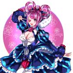 1girl :d ;d arm_up blue_dress blunt_bangs breasts cleavage cross-laced_clothes cross-laced_dress dress facial_mark fire_emblem fire_emblem_engage floral_background folded_twintails fur_wrist_cuffs hair_flaps hair_rings hand_up heart heart_facial_mark highres hortensia_(fire_emblem) looking_at_viewer medium_breasts multicolored_hair multicolored_tiara one_eye_closed open_mouth pink_eyes pink_hair rose_background sakurachanart02 sidelocks smile solo striped_clothes striped_dress two-tone_hair vertical-striped_clothes vertical-striped_dress w wrist_cuffs 