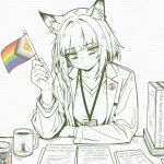  1girl :/ animal_ear_fluff animal_ears arknights badge bags_under_eyes blunt_bangs blush book breasts button_badge caffichai canvas_texture cat_ears cat_girl coat coffee_mug collarbone commentary cup desk dot_nose english_commentary english_text expressionless flag green_eyes greyscale hair_intakes highres holding holding_flag id_card kal'tsit_(arknights) lab_coat lanyard lapel_pin lapels lgbt_pride long_hair long_sleeves looking_at_viewer monochrome mug open_clothes open_coat paperwork partially_colored pride_month progress_pride_flag rainbow_flag rhodes_island_logo_(arknights) shirt simple_background slit_pupils small_breasts solo spot_color textless_version upper_body white_background 