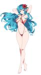  1girl absurdres alternate_costume armpits arms_behind_head arms_up artist_logo artist_name bare_arms bare_shoulders barefoot blue_eyes blue_hair breasts closed_mouth collarbone commentary commission criss-cross_halter crossed_ankles eirika_(fire_emblem) fire_emblem fire_emblem:_the_sacred_stones floating_hair flower full_body groin hair_flower hair_ornament halterneck highres jewelry logo long_hair looking_at_viewer medium_breasts navel necklace r3dfive red_flower red_slingshot_swimsuit sideboob simple_background slingshot_swimsuit smile solo standing stomach swimsuit thighs tiptoes transparent_background very_long_hair vgen_commission 