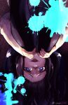  1boy :d black_hair black_pantyhose bleach bleach:_sennen_kessen-hen blood blood_splatter colored_blood commentary_request dress feet_out_of_frame from_below furrowed_brow giselle_gewelle hands_on_own_knees long_hair looking_at_viewer male_focus open_mouth pantyhose pov purple_eyes simple_background sleeves_past_wrists smile solo soraao0322 squatting tareme teeth trap twitter_username upper_teeth_only upside-down white_dress 
