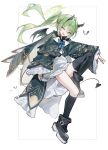  1girl absurdres alternate_costume asymmetrical_legwear black_horns black_tail black_wings blue_archive demon_horns demon_wings fang green_hair green_halo hair_ornament hairclip halo highres horns huu_(dighapdlxm12) kneehighs long_hair long_sleeves looking_at_viewer mismatched_legwear nozomi_(blue_archive) open_mouth pointy_ears revision single_kneehigh single_sock single_thighhigh skin_fang smile socks solo thighhighs twintails white_background wings yellow_eyes 