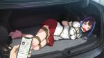  1girl absurdres arms_behind_back ball_gag bdsm black_hair blue_hair blush bound bound_ankles bound_legs car car_trunk chain chained collar commentary gag gagged highres kanojo_okarishimasu kidnapped kidnapping lying meitoku motor_vehicle on_side pink_eyes pink_socks red_skirt saliva shibari shibari_over_clothes skirt socks solo yaemori_mini 