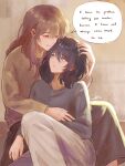  2girls absurdres black_hair black_pants blue_eyes bright_pupils brown_hair brown_sweater commentary crew_neck dated english_text eye_contact grey_sweater highres hug hug_from_behind long_hair long_sleeves looking_at_another medium_hair miyagi_shiori multiple_girls pants parted_lips piapie06 pink_eyes sendai_hazuki shuuniichido_classmate_wo_kau_hanashi signature sitting smile speech_bubble straight_hair sweater untranslatable_commentary warm_colors white_pants yuri 