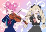  2girls absurdres alternate_costume black_bow blonde_hair blunt_bangs bow commentary drill_hair el_pan_frances elise_(fire_emblem) english_commentary facial_mark fire_emblem fire_emblem_engage fire_emblem_fates flute folded_twintails gradient_background hair_bow hair_rings hands_up heart heart_facial_mark highres hortensia_(fire_emblem) instrument long_hair midriff_peek multicolored_hair multiple_girls musical_note_background pink_hair playing_flute playing_instrument playing_violin pleated_skirt purple_hair sidelocks skirt streaked_hair twin_drills two-tone_hair upper_body 