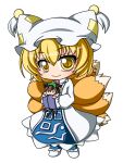  2girls blonde_hair blue_tabard blush chen chibi chibi_only closed_mouth commentary_request dress fox_girl fox_tail full_body hair_between_eyes hands_in_opposite_sleeves hat holding holding_mini_person kitsune looking_at_viewer mini_person minigirl mob_cap multiple_girls multiple_tails no_shoes shinjitsu short_hair simple_background smile socks standing tabard tail touhou white_background white_dress white_hat white_socks yakumo_ran yellow_eyes 