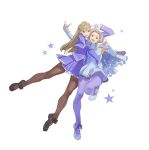  2girls \m/ arm_up armpits arms_up black_shoes blonde_hair blue_pantyhose brown_pantyhose capcom_fighting_jam capelet commentary_request double_\m/ dress dual_persona elbow_gloves escoffion fingerless_gloves frilled_skirt frills full_body gloves hairpods highres ingrid_(capcom) long_hair long_sleeves looking_at_viewer mary_janes multiple_girls open_mouth pantyhose purple_capelet purple_pantyhose purple_skirt red_eyes shoes skirt sleeveless sleeveless_dress smile sora-bakabon street_fighter street_fighter_6 teeth upper_teeth_only v white_background white_dress white_gloves white_shoes 