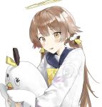  1girl absurdres blue_archive blue_sailor_collar blush bow brown_eyes brown_hair commentary_request doll gohanduck halo hifumi_(blue_archive) highres holding holding_doll low_twintails open_mouth peroro_(blue_archive) sailor_collar shirt solo twintails white_shirt yellow_bow yellow_halo 