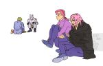  animated animated_gif diamond_wa_kudakenai diavolo freckles full_body jojo_no_kimyou_na_bouken killer_queen kira_yoshikage lips lipstick long_hair makeup male_focus multiple_boys pants pink_hair shoes simple_background sitting spotted_hair tmblyeet vento_aureo vinegar_doppio white_background 