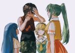 1boy 3girls ashashio black_hairband blonde_hair blue_hair brown_hair crying english_commentary furude_rika green_eyes green_hair green_shorts hairband hand_on_own_head highres higurashi_no_naku_koro_ni houjou_satoko maebara_keiichi multiple_girls neckerchief purple_eyes red_vest sailor_collar shirt short_sleeves shorts simple_background sonozaki_mion tsumihoroboshi-hen vest white_background white_sailor_collar white_shirt yellow_neckerchief yellow_vest 