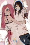  1boy 1girl :d black_choker black_eyes black_hair blood blood_on_knife blue_pants choker chromatic_aberration commentary cowboy_shot creepypasta crossover cutie_mark cutie_mark_print dress english_commentary film_grain grin hair_over_one_eye highres holding holding_knife hood hoodie jeff_the_killer knife lacryboy long_hair makeup messy_hair my_little_pony my_little_pony:_friendship_is_magic pants pink_hair pinkamena_diane_pie pinkie_pie raised_inner_eyebrows runny_makeup smile standing trait_connection white_dress white_hoodie zoom_layer 