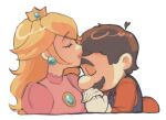 1boy 1girl bbik_gam3 blonde_hair blue_eyes blue_overalls blush brooch brown_hair buttons closed_eyes commentary_request crown dress earrings elbow_gloves facial_hair gloves gold_crown gown hat jewelry kiss kissing_forehead korean_commentary large_nose leg_up long_hair long_sleeves looking_at_viewer mario mario_(series) mustache newsboy_cap overalls pink_dress pink_lips pointed_crown princess_peach red_hat red_shirt shirt shoes short_hair simple_background smile solo sphere_earrings unworn_hat unworn_headwear white_background white_gloves 