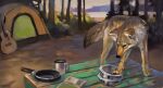 2021 acoustic_guitar alexpahomov black_nose black_tail_tip book bowl camp camping_tent campsite canid canine canis container cookware coyote cup digital_media_(artwork) digital_painting_(artwork) dipstick_tail dirt feral forest frying_pan fur grass grey_body grey_fur guitar hi_res kitchen_utensils lake mammal markings mug multicolored_body multicolored_fur musical_instrument painting_(artwork) pallet pan plant plucked_string_instrument quadruped solo string_instrument tail tail_markings tan_body tan_fur tent tools tree white_body white_fur