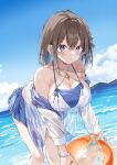  1girl ball beachball bikini blue_sky blush bracelet breasts brown_hair cleavage cloud collarbone colored_inner_hair commentary_request day hair_between_eyes hair_ornament hawawa-chan_(sirokuma_shake) highres holding holding_ball holding_beachball jewelry large_breasts looking_at_viewer medium_hair mountainous_horizon multicolored_hair original outdoors purple_eyes purple_hair purple_ribbon purple_skirt ribbon sidelocks sirokuma_shake skirt sky solo standing swimsuit two-tone_hair white_bikini 