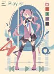  1girl ankle_boots arm_tattoo black_skirt black_thighhighs blue_eyes blue_necktie boots commentary_request cosplay detached_sleeves eighth_note eiyuu_densetsu english_text fast_forward_button floating_hair full_body hatsune_miku hatsune_miku_(cosplay) highres holding holding_microphone kuro_no_kiseki_(series) kuro_no_kiseki_ii long_hair long_sidelocks long_sleeves microphone momoseayuri musical_note nadia_rayne necktie number_tattoo one_eye_closed pink_boots play_button rewind_button sidelocks skirt solo standing tattoo thighhighs twintails v v_over_eye vocaloid wide_sleeves 