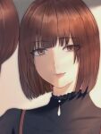  2girls amakura_mayu amakura_mio black_shirt bob_cut brown_background brown_eyes brown_hair closed_mouth commentary covered_collarbone fatal_frame fatal_frame_ii:_crimson_butterfly gradient_background grey_background looking_at_viewer multiple_girls out_of_frame portrait shirt short_hair smile solo_focus two-tone_background untranslatable_commentary yukiame 