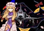  1girl absurdres aircraft airplane blonde_hair bow character_name commentary crossed_arms disembodied_eye dress english_text f-4_phantom_ii fighter_jet frilled_dress frills galm_x_lmr_(ryonasa) gap_(touhou) grin hair_bow hat hat_ribbon highres long_hair long_sleeves looking_at_viewer military_vehicle orange_eyes purple_tabard red_bow red_ribbon ribbon sleeve_garter smile solo sparks star_(symbol) tabard touhou umbrella vehicle_name very_long_hair white_dress white_hat yakumo_yukari yin_yang yin_yang_print 