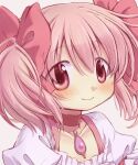  1girl absurdres blush bow choker closed_mouth collarbone commentary_request grey_background hair_between_eyes hair_bow highres hitode kaname_madoka kaname_madoka_(magical_girl) magical_girl mahou_shoujo_madoka_magica mahou_shoujo_madoka_magica_(anime) pink_bow pink_choker pink_hair short_hair short_twintails simple_background smile solo twintails upper_body 