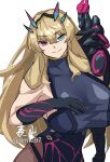  1girl absurdres armor bare_shoulders barghest_(fate) barghest_(second_ascension)_(fate) biceps black_dress black_gloves blonde_hair breasts brown_pantyhose commentary dress elbow_gloves fate/grand_order fate_(series) gauntlets gloves green_eyes heterochromia highres horns large_breasts long_hair looking_at_viewer muscular muscular_female omte97 pantyhose pauldrons pelvic_curtain red_eyes shoulder_armor single_gauntlet single_pauldron smile solo 