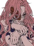  1girl absurdres arm_tattoo black_nails breast_tattoo covering_breasts covering_privates cropped_torso earrings extra_eyes facial_tattoo fingernails four_eyes genderswap genderswap_(mtf) glasses highres jewelry jujutsu_kaisen long_fingernails long_hair looking_to_the_side mesuki_peropero parted_bangs parted_lips pink_hair red_eyes ryoumen_sukuna_(jujutsu_kaisen) sharp_fingernails shoulder_tattoo simple_background smile solo solo_focus tattoo thick_eyelashes white_background 