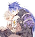  2boys arms_around_another's_waist black_capelet black_coat blue_hair blush capelet closed_eyes coat commentary_request curtained_hair flins_(genshin_impact) fur-trimmed_jacket fur_trim genshin_impact gradient_hair hug hug_from_behind illuga_(genshin_impact) jacket kura83oniku long_hair long_sleeves looking_at_another male_focus multicolored_hair multiple_boys open_mouth parted_bangs parted_hair round_teeth sitting sleeve_cuffs teeth triangle_mouth twitter_username upper_teeth_only very_long_hair white_background white_fur yaoi yellow_eyes 