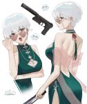  1girl absurdres adjusting_eyewear arm_under_breasts ass back backless_dress backless_outfit bare_shoulders blush breasts china_dress chinese_clothes cleavage cleavage_cutout clothing_cutout dress earrings folding_fan green_dress gun hand_fan handgun highres holding holding_fan holding_gun holding_weapon indie_virtual_youtuber jewelry k_hottok large_breasts looking_at_viewer looking_over_eyewear multiple_views necklace open_mouth round_eyewear short_hair signature simple_background sleeveless sleeveless_dress sunglasses tinted_eyewear tokarev_tt-33 virtual_youtuber weapon white_background white_hair 