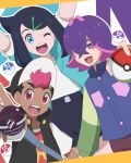  1boy 2girls :d ;d black_hair black_vest blue_eyes bright_pupils brown_pants buttons commentary_request dot_(pokemon) eyelashes hair_ornament hairclip hat highres holding holding_poke_ball holding_tera_orb jacket liko_(pokemon) mikanlkk multiple_girls one_eye_closed open_clothes open_jacket open_mouth open_vest pants poke_ball pokemon pokemon_(anime) pokemon_horizons purple_eyes purple_hair roy_(pokemon) shirt smile strap swept_bangs teeth tera_orb upper_teeth_only vest white_pupils white_shirt 