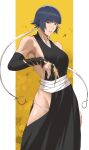  1girl absurdres bare_shoulders black_hair black_kimono bleach breasts claw_(weapon) commentary_request detached_sleeves grin highres japanese_clothes kimono looking_at_viewer ponponpon0022 shihakusho shinigami short_hair sideless_kimono smile solo sui-feng suzumebachi_(shikai) weapon 