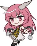  1girl :d bare_shoulders black_shoes black_tabard blush chain chibi chibi_only dress flower full_body grey_horns horns ibaraki_douji_(touhou) ibaraki_kasen long_hair looking_at_viewer mirei_(miirei) neck_flower open_mouth orb pink_eyes pink_flower pink_hair shoes simple_background sleeveless sleeveless_dress smile solo standing tabard touhou transparent_background v-shaped_eyebrows white_dress 
