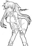  1girl bent_over breasts colored_sclera commentary fate_testarossa floating_hair gauntlets greyscale hair_ribbon hands_on_own_knees hatching_(texture) highres kyomeihibiki large_breasts linear_hatching lineart long_hair long_sidelocks lyrical_nanoha mahou_shoujo_lyrical_nanoha_strikers monochrome red_sclera ribbon sidelocks signature simple_background skin_tight solo spot_color standing twintails twitter_username upper_body very_long_hair white_background wispy_bangs 
