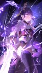  1girl absurdres aki_maple breasts closed_mouth commentary_request cowboy_shot fingernails from-side from_side genshin_impact hair_ornament highres holding holding_sword holding_weapon japanese_clothes kimono large_breasts long_hair looking_at_viewer looking_to_the_side mole mole_under_eye musou_isshin_(genshin_impact) nail_polish obi purple_eyes purple_hair purple_kimono purple_nails purple_thighhighs raiden_shogun red_sash sash solo sword thighhighs very_long_hair weapon 