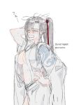  1girl alternate_costume arm_behind_head asacobeat bite_mark bite_mark_on_breast black_hair blush borrowed_clothes breasts chinese_clothes cleavage closed_eyes commentary_request genderswap genderswap_(mtf) grandmaster_of_demonic_cultivation hair_ribbon hand_on_own_hip hanfu hickey implied_after_sex large_breasts long_hair messy_hair navel open_clothes open_mouth open_robe ponytail red_ribbon ribbon robe sidelocks simple_background sketch sleepy solo tears twitter_username wei_wuxian white_background white_hanfu wide_sleeves yawning 