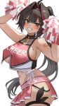  1girl absurdres bandaid bare_shoulders bay_(nikke) blush breasts brown_eyes brown_hair crop_top dark-skinned_female dark_skin goddess_of_victory:_nikke grin hair_intakes hairband high_ponytail highres holding holding_pom_poms large_breasts long_hair looking_at_viewer marumai miniskirt mole multicolored_hair navel pom_pom_(cheerleading) ponytail red_skirt red_streaks red_tank_top skirt smile solo streaked_hair tank_top two-tone_tank_top white_tank_top 