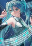  1girl :q aqua_eyes aqua_hair aqua_necktie armpits bare_shoulders black_sleeves blue_background commentary cropped_torso detached_sleeves erimaki_art17 grey_shirt hands_up hatsune_miku highres looking_at_viewer musical_note musical_staff necktie shirt sleeveless sleeveless_shirt solo tongue tongue_out untranslatable_commentary vocaloid 