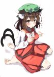  1girl :o animal_ear_fluff animal_ear_piercing animal_ears barefoot blush bow bowtie breasts brown_eyes brown_hair cat_ears cat_tail chen commentary_request double-parted_bangs dress earrings from_above furrowed_brow gold_trim hair_between_eyes hands_up hat highres jewelry long_sleeves looking_at_viewer medium_breasts medium_hair mob_cap multiple_tails nekomata open_mouth puffy_long_sleeves puffy_sleeves red_dress seika_okawari seiza shadow simple_background single_earring sitting sketch soles solo tail toes touhou two_tails v-shaped_eyebrows white_background white_bow white_bowtie 