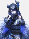  1girl arm_under_breasts asymmetrical_horns black_fur black_gloves black_hair blue_hair colored_inner_hair commentary cowboy_shot demon_horns facing_viewer flower gloves hair_ornament hand_to_own_mouth highres hololive hololive_english horn_flower horns jewelry long_hair looking_down mole mole_under_eye multicolored_hair nerissa_ravencroft nerissa_ravencroft_(1st_costume) parted_lips pink_eyes quasarcake ring simple_background solo tassel tassel_hair_ornament uneven_horns untranslatable_commentary very_long_hair virtual_youtuber white_background 
