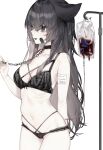  1girl absurdres animal_ears bandaid bandaid_on_cheek bandaid_on_face barcode black_bow black_bra black_eyes black_hair black_panties blood blood_bag bow bow_bra bra breasts cat_ears cat_girl chain chain_leash cleavage collar commentary_request cowboy_shot fang from_side hair_between_eyes hair_over_shoulder hand_up highres holding_own_leash intravenous_drip lace lace_bra lace_panties large_breasts leash lingerie long_hair navel open_mouth original panties partially_visible_vulva profile qr_code sidelocks simple_background skin_fang skindentation skinny solo tamafurin underwear very_long_hair white_background 