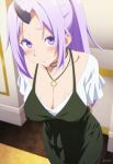  1girl absurdres anime_coloring arms_behind_back artist_name bare_shoulders black_horns blush breasts cleavage closed_mouth collarbone commentary covered_nipples cowboy_shot dress english_commentary full_body green_dress halter_dress halterneck high_ponytail highres horns indoors jewelry large_breasts leaning_forward long_hair looking_at_viewer necklace official_alternate_costume oni patreon_logo pinafore_dress ponytail purple_eyes purple_hair ring ring_necklace shion_(tensura) shirt short_sleeves single_horn sleeveless sleeveless_dress smile solo standing tensei_shitara_slime_datta_ken very_long_hair white_shirt zuharu 