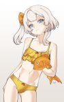  1girl artby_wv bikini blonde_hair blue_eyes bow breasts fins fish frilled_bikini frills goldfish hair_bow highres looking_at_viewer marimari_(vtuber) navel orange_bow phase_connect side_ponytail small_breasts smile solo swimsuit virtual_youtuber yellow_bikini 