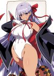  1girl absurdres bare_shoulders bat_wings bb_(fate) bb_(swimsuit_mooncancer)_(third_ascension)_(fate) black_coat blush breasts coat commentary covered_navel dark-skinned_female dark_skin fate/grand_order fate_(series) gloves grin hair_ribbon harurukan highleg highleg_leotard highres large_breasts leotard long_hair looking_at_viewer neck_ribbon off_shoulder open_clothes open_coat popped_collar purple_eyes purple_hair red_ribbon ribbon smile solo tan tentacles thighs very_long_hair white_gloves white_leotard wings 