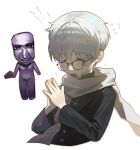  1boy absurdres ao_oni backlighting black_jacket blue_oni closed_eyes cropped_torso crying flying_sweatdrops gakuran glasses grey_hair hands_up highres hiroshi_(ao_oni) holding jacket k_hottok long_sleeves male_focus oni open_mouth own_hands_together scarf school_uniform short_hair simple_background tears the_oni_(ao_oni) upper_body white_background white_hair 
