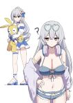  1girl ? absurdres before_and_after blue_skirt breasts bronya_zaychik bronya_zaychik_(herrscher_of_truth) bronya_zaychik_(seaside_vibes) bronya_zaychik_(silverwing:_n-ex) cleavage commentary denim denim_bikini denim_shorts eyewear_on_head flower hair_flower hair_ornament headphones headphones_around_neck heart heart-shaped_eyewear highres homu_(honkai_impact) honkai_(series) honkai_impact_3rd hugging_doll hugging_object large_breasts marin_liekuriva midriff multiple_views navel official_alternate_costume platform_sandals sandals shorts simple_background skirt small_breasts sunglasses toes white_background 