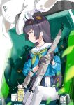  1girl absurdres animal_ear_hairband animal_ears black_gloves black_hair blue_archive blue_shirt blue_skirt blush bolt_action commentary_request fake_animal_ears gloves gohanduck green_neckerchief gun hairband highres holding holding_gun holding_weapon long_hair miyu_(blue_archive) mosin-nagant multicolored_skirt neckerchief pantyhose parted_lips pleated_skirt rabbit_ear_hairband rabbit_ears red_eyes rifle sailor_collar shirt sitting skirt sniper_rifle solo trash very_long_hair weapon white_hairband white_pantyhose white_sailor_collar white_skirt 